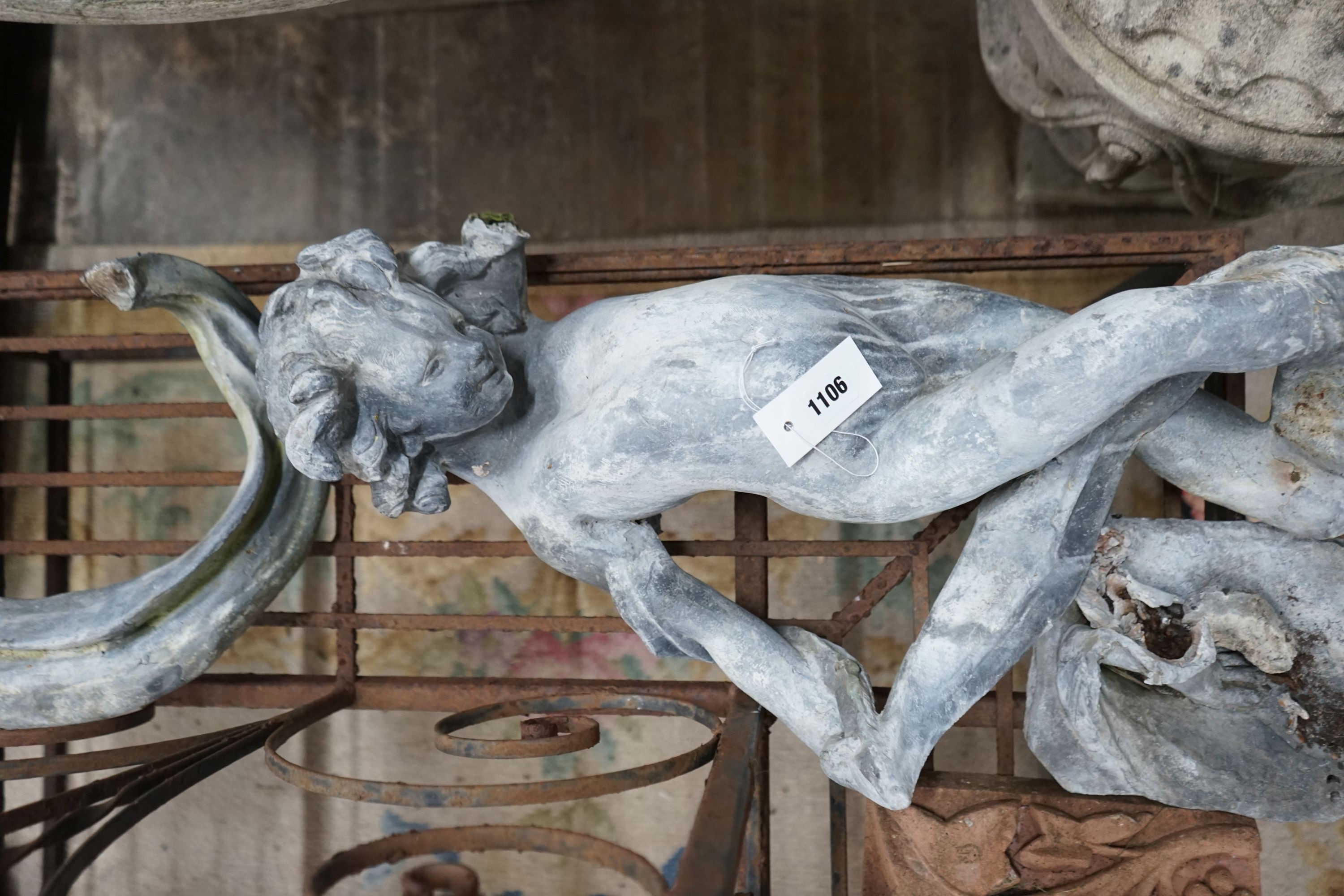 A Victorian lead garden statue requiring restoration, height approx. 75cm